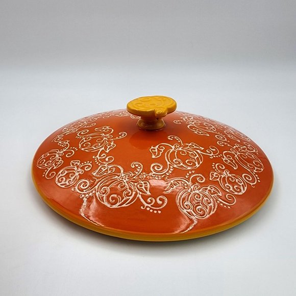 Tara Temptations Pumpkin Floral Lace Serving Bowl w Lid Ovenware Orange 3 quart - Picture 9 of 15